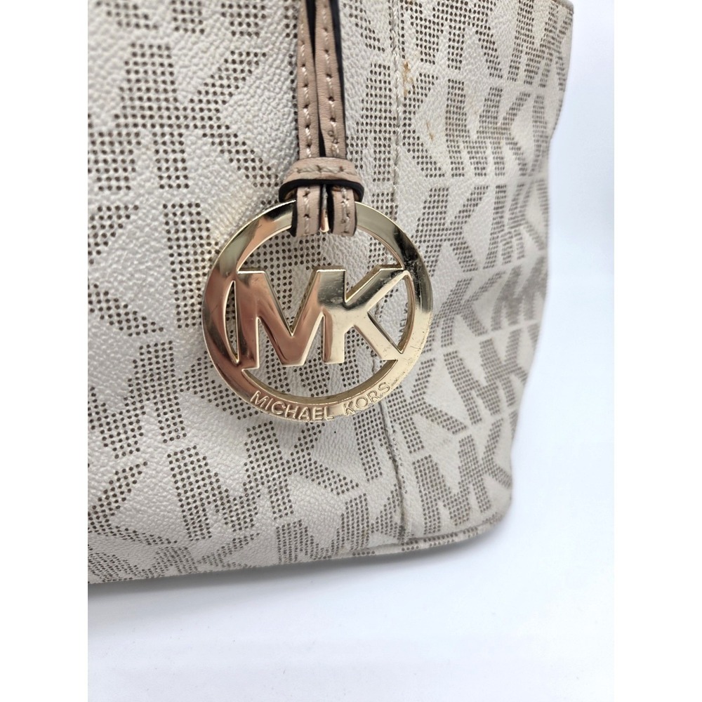 Michael Kors Jet Set Ivory Brown Crossgrain Leather MK Tote Shoulder Bag - Picture 2 of 12